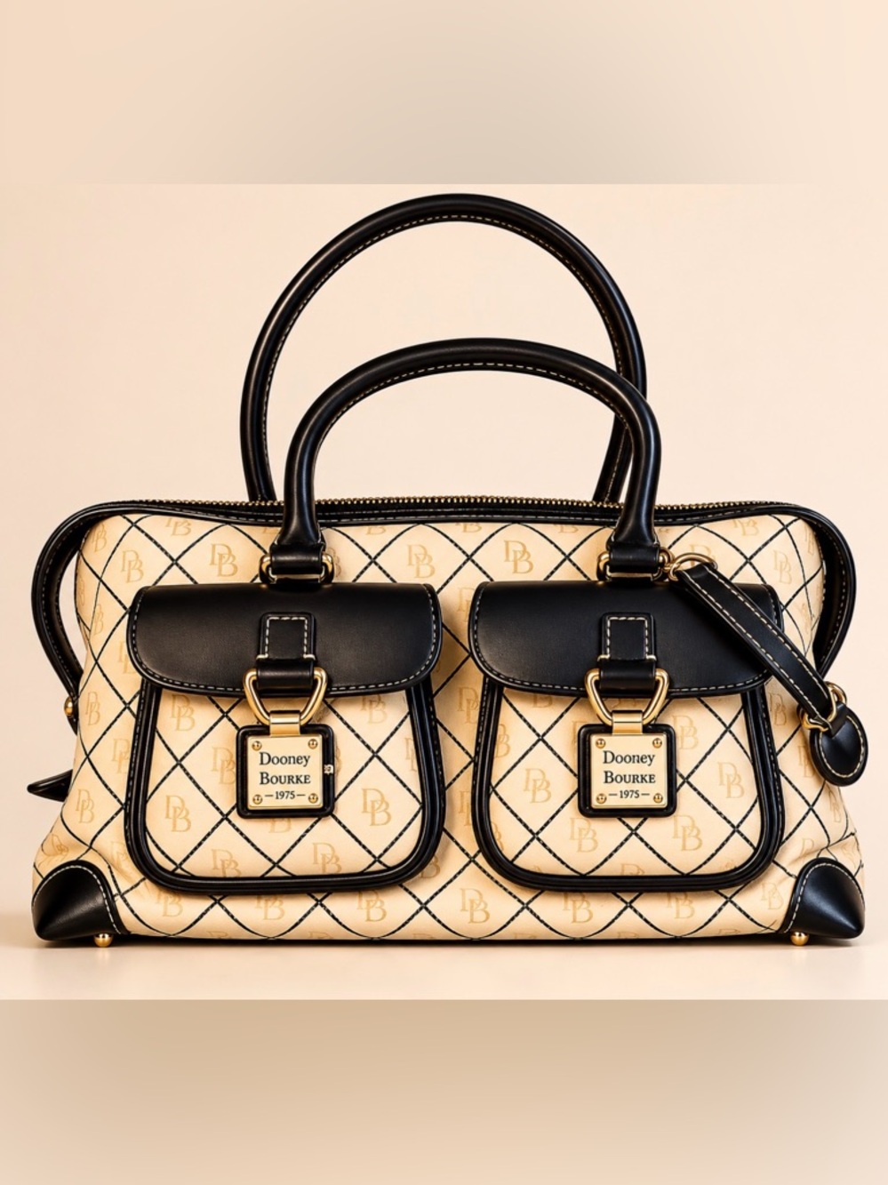 Dooney & Bourke Signature Jacquard Satchel Black Leather Trim Double Pocket